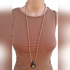 ​🌟 Vintage Raquel Signed Murano-Style Glass Pendant Long Gold-Tone Necklace